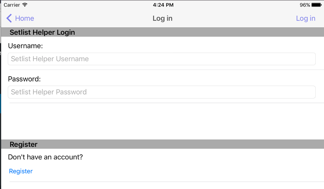 Logging In to Setlist Helper for iOS