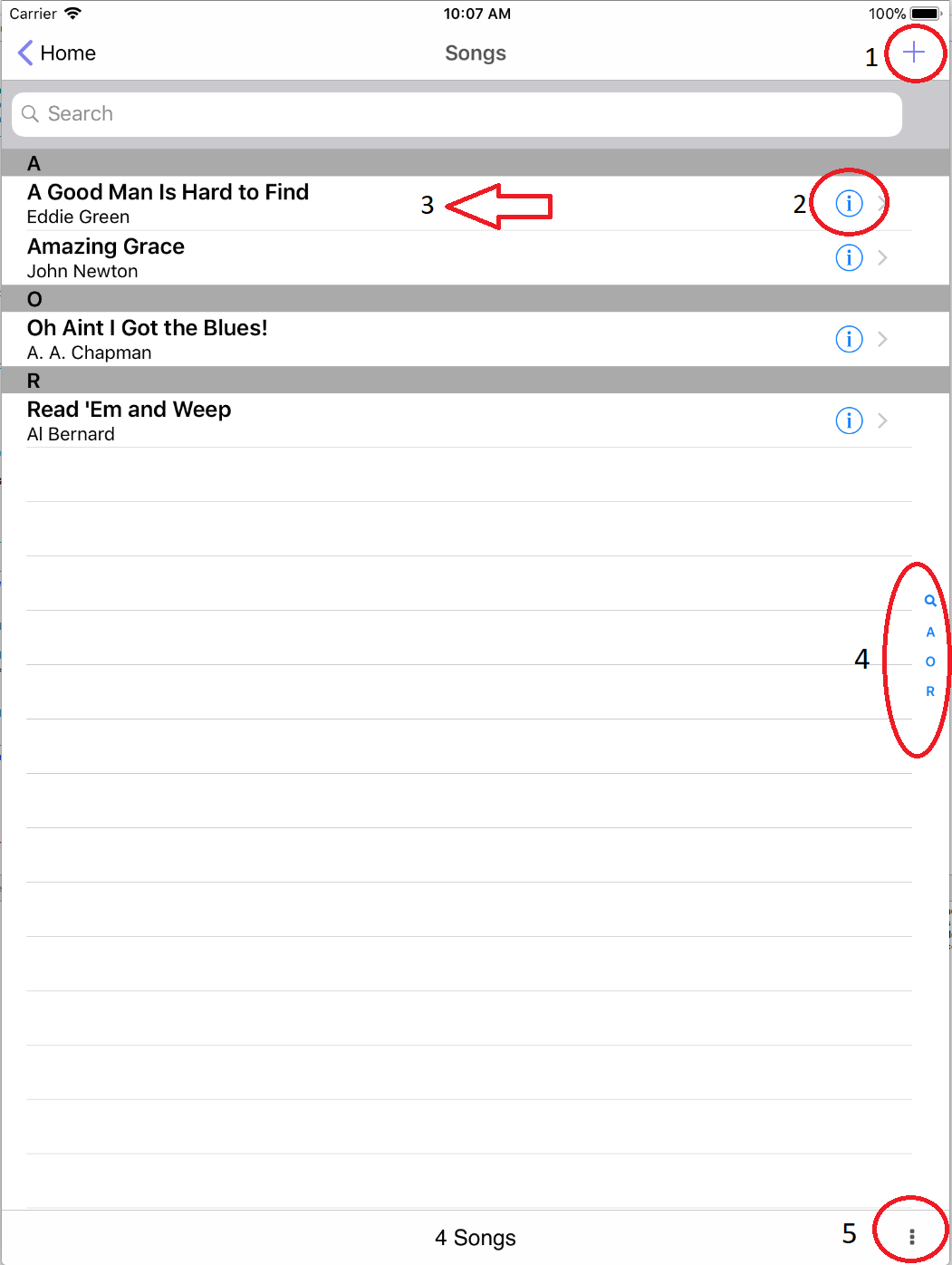 Songs View in Setlist Helper for iOS