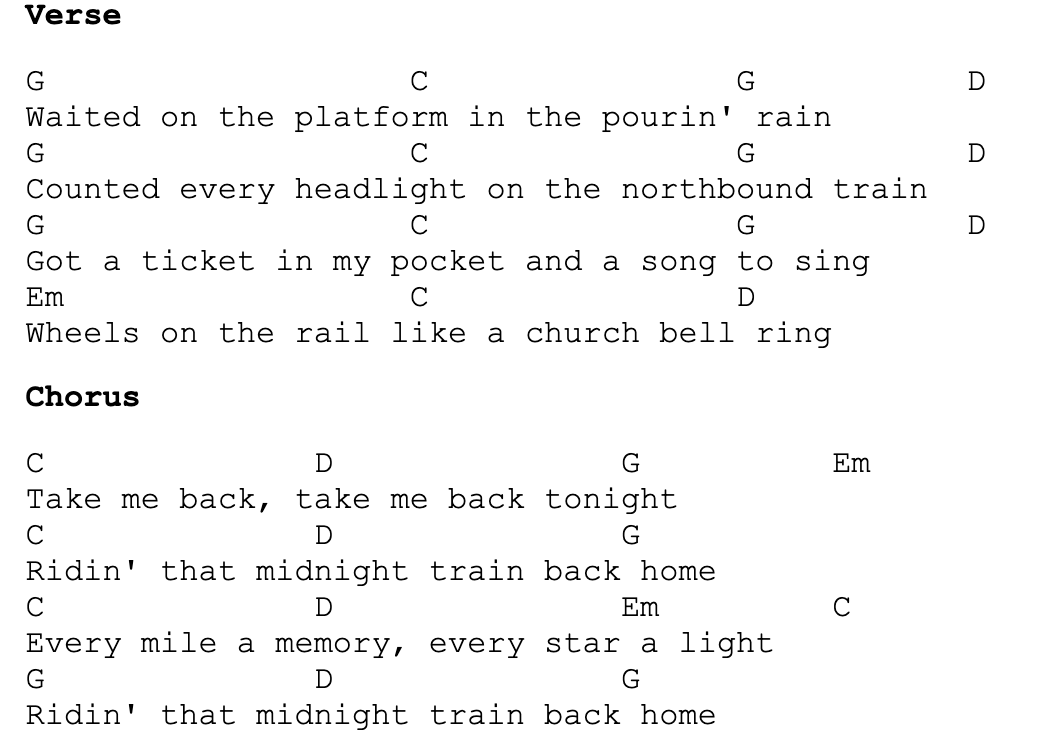 Setlist Helper lyric view with chords aligned above the lyrics for live performance