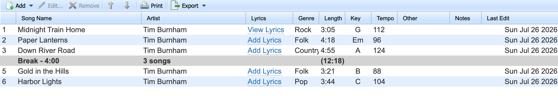 Setlist Helper setlist builder showing a set list of songs with keys, tempos, durations, and a set break